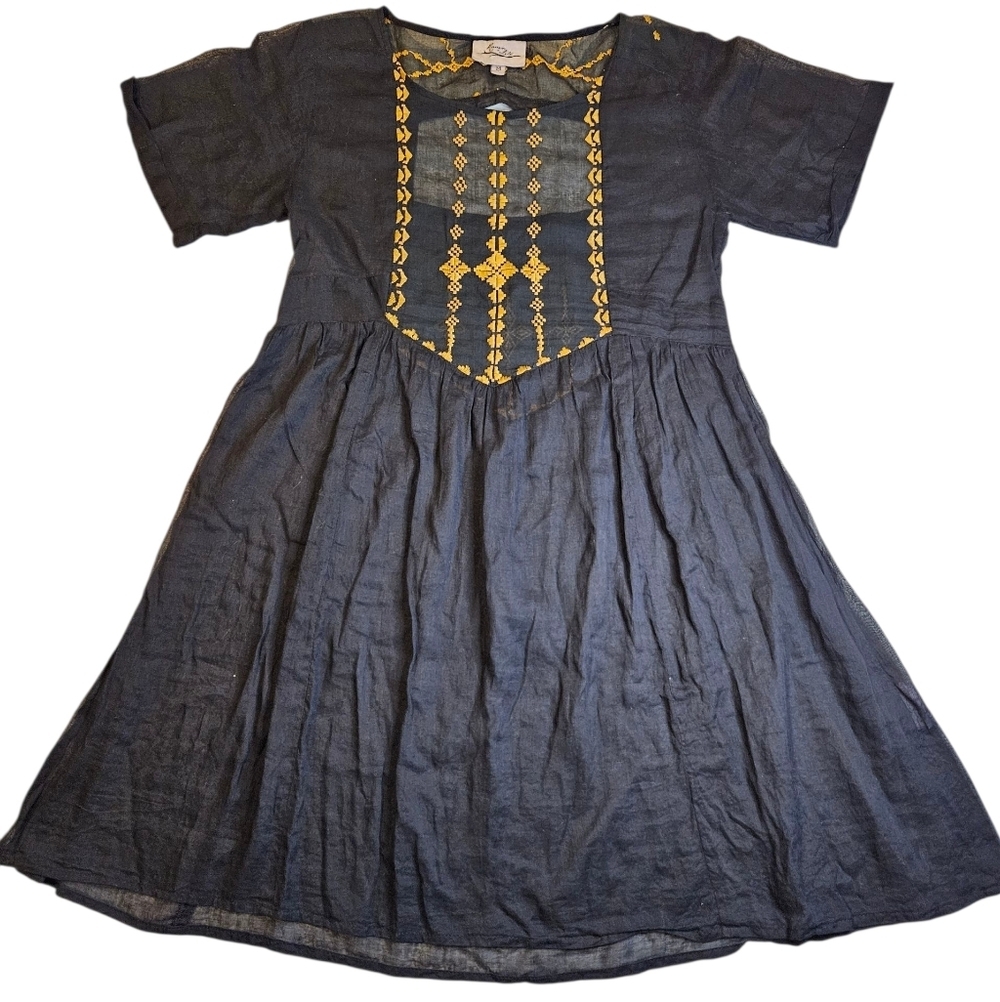 Feminine Boho Embroidered Sheer Tunic Black & Gold Dress Medium